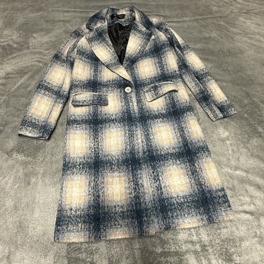 Chic Wish Plaid Pattern Coat Womens XS Blue Creme Winter Warm Long Overcoat